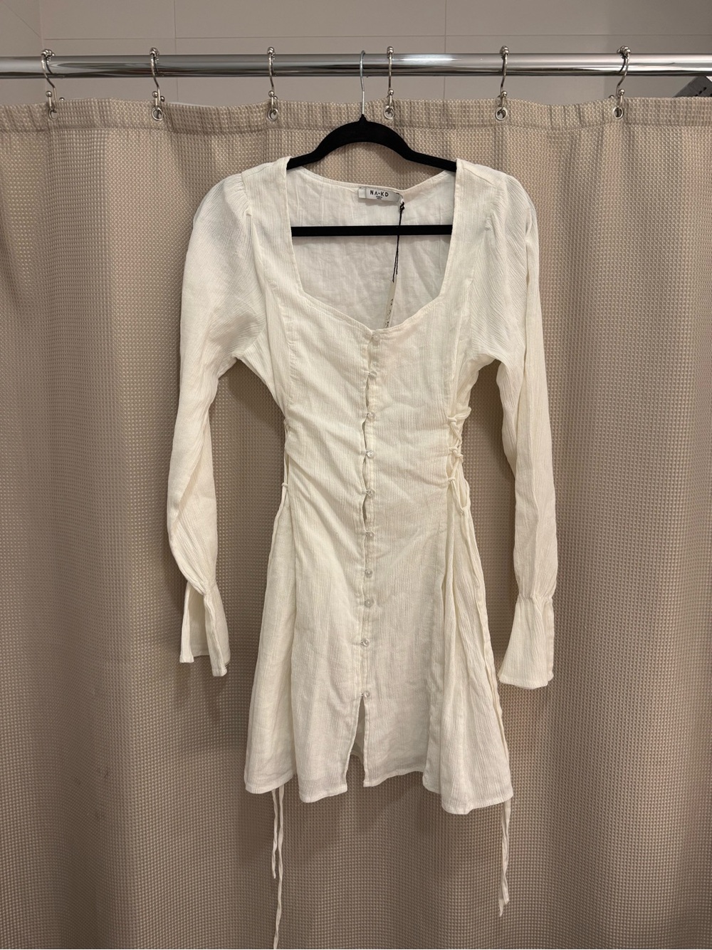 Button-Front Cream Mini Dress with Side Tie Detail